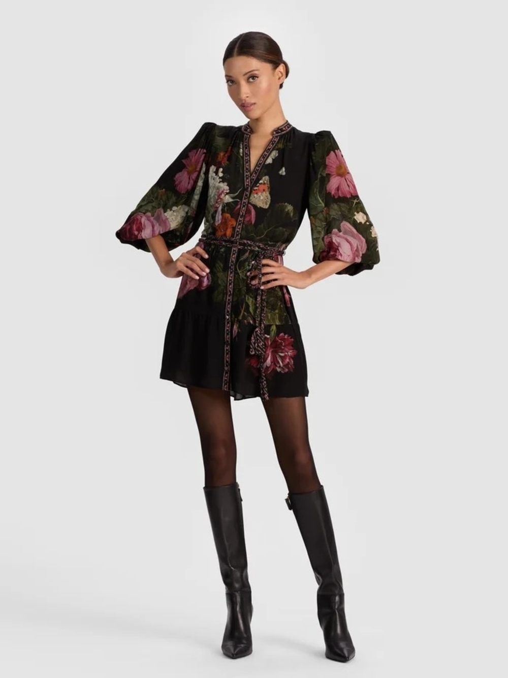 Alice + Olivia Black Mini Dress with Pink & Green Floral Print